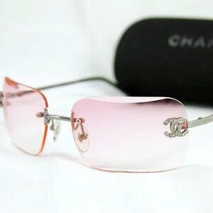 🍒 RARE Chanel Vintage Sunglasses Rhinestone CC Logo Rimless Gradient Iridescent